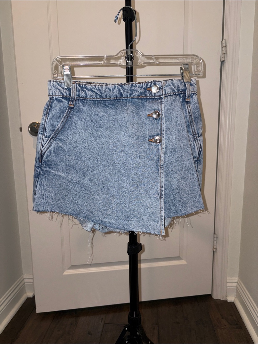 Zara Light Wash Denim Wrap Skort with Button Detail